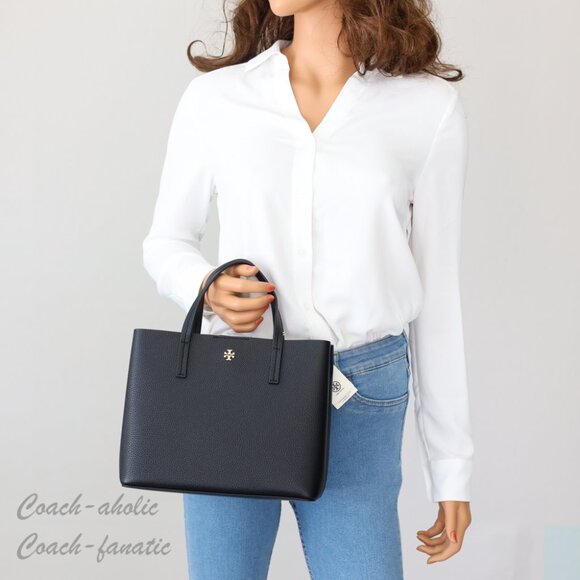 NWT Tory Burch Blake Pebbled Leather Small Tote Crossbody Purse Black/Devon Sand - Picture 2 of 10